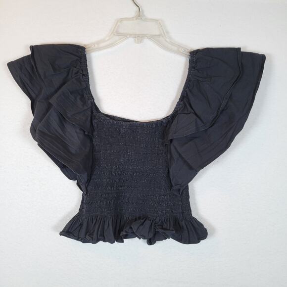 Ramy Brook Womens Yolanda Smocked Peplum Top Size Medium Black Flutter Sleeve - Picture 5 of 8
